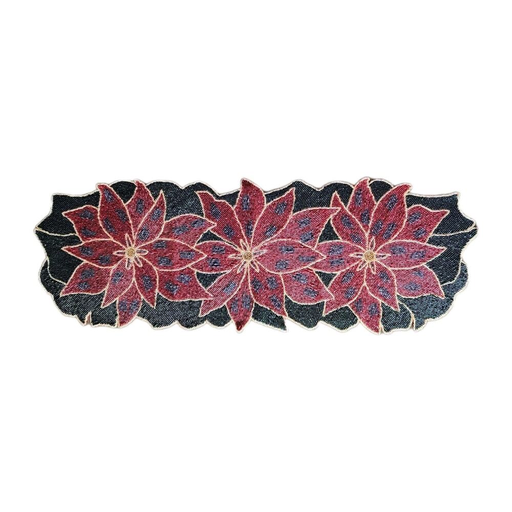 Vintage Beaded Table Runner Poinsettia Christmas Holiday Winter Decor 35x12 In